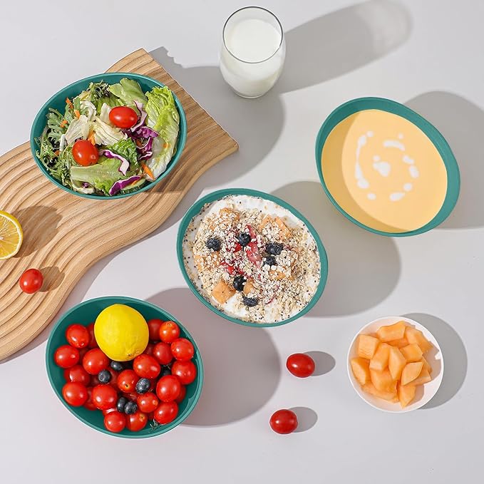 Wheat Straw Cereal Bowls Set of 4, Plastic Bowls Reusable 26 OZ, Unbreakable Bowl for Kitchen, Salad, Fruit, Cereal, Popcorn, Dishwasher and Microwave Safe Serving Bowl for Camping - Green