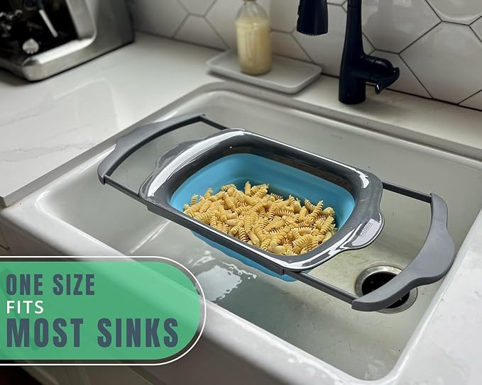 XL Large Kitchen Strainer by Comfify - Collapsible Silicone Over - The-Sink Colander with Extendable Handles - Use with Pasta, Fruit, Berries & Veggie - 6 Quart - Blue