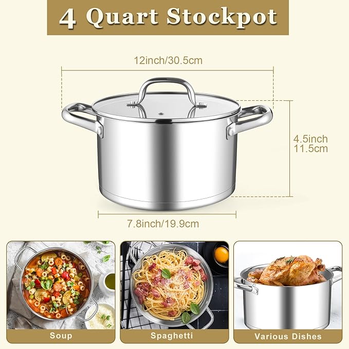 Leonyo Small Stock Pot, 4 Quart StockPot with Visible Lid for Soup Pasta Vegetable, 18/10 Stainless Steel Cooking Pasta Soup Pot for Induction Ceramic Gas Stoves, Tri-Ply Bottom & Dishwasher Safe