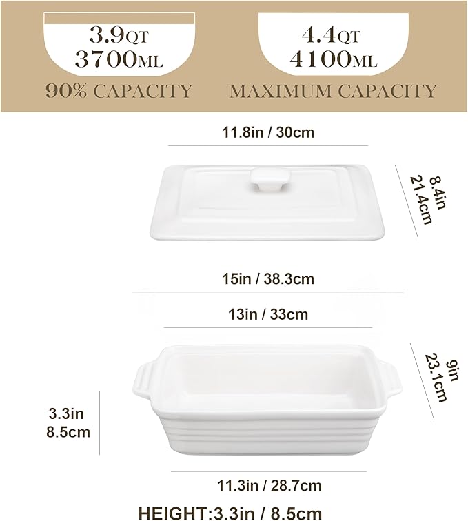 MALACASA 4.4 Quart Baking Dish With Lid, Porcelain Casserole dish with Lid, 13 x 9 Lasagna Pan Deep with Lid, Rectangular Bakeware With Handle, Microwave, Oven Safe, White, Series BAKE