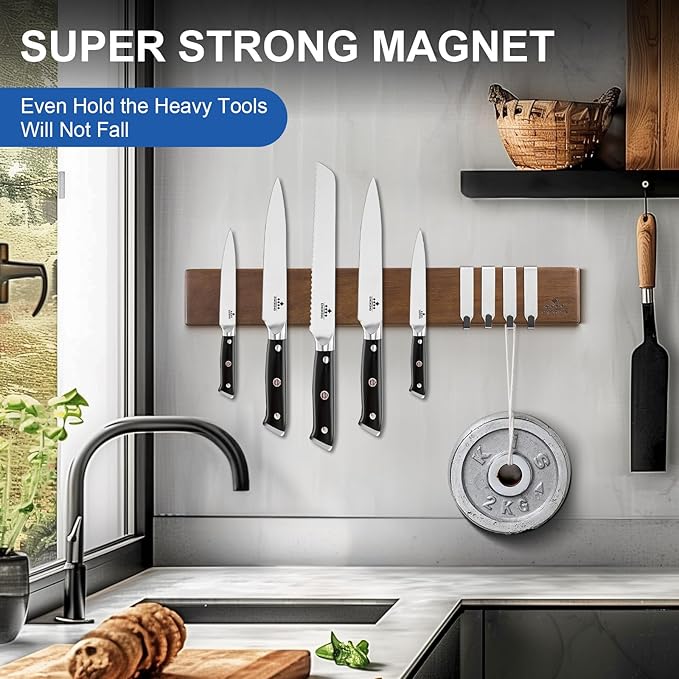 ENOKING Magnetic Knife Holder for Wall, Knife Magnetic Strip No Drilling 16 Inch, Powerful Kitchen Knife Magnetic Holder, Acacia Wood Knife Magnet for Kitchen Utensil Organizer with 4 Hooks