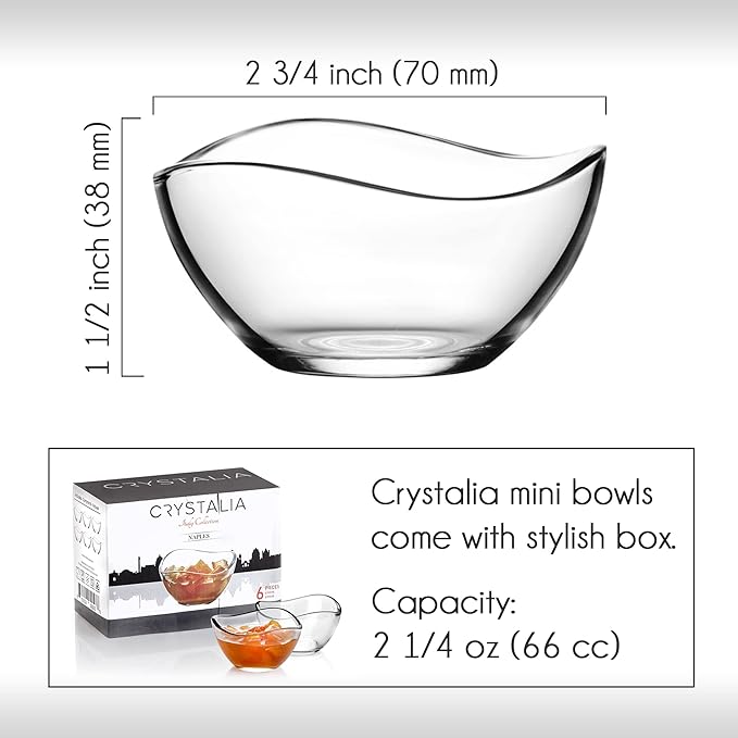 Volarium Mini Glass Prep Bowls Set of 6, 2 1/4 oz LEAD & CADMIUM FREE, Small Glass Spice Bowls for Cooking, Mise en Place, Finger Sauces, Tiny Ingredient, Transparent, Dishwasher & Microwave Safe