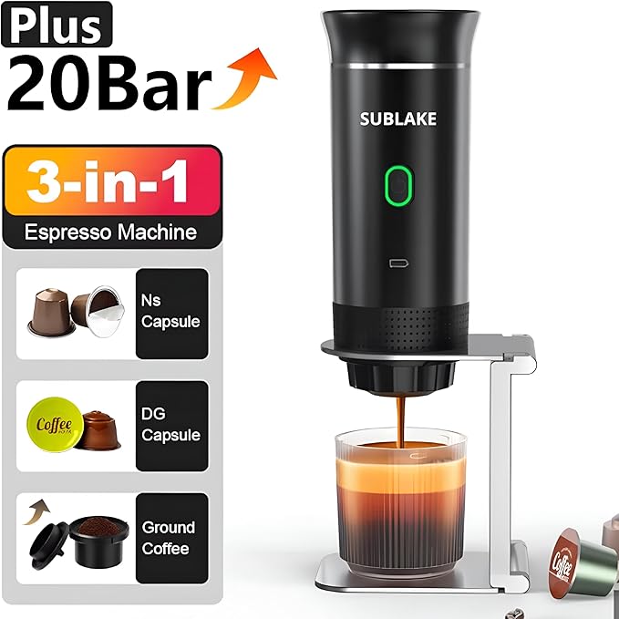 Portable Espresso Maker – Self-Heating USB-C Rechargeable Travel Coffee Maker for Car, Camping, Office, Hiking, portable coffee maker With Ground Coffee & NS Capsule (Black)