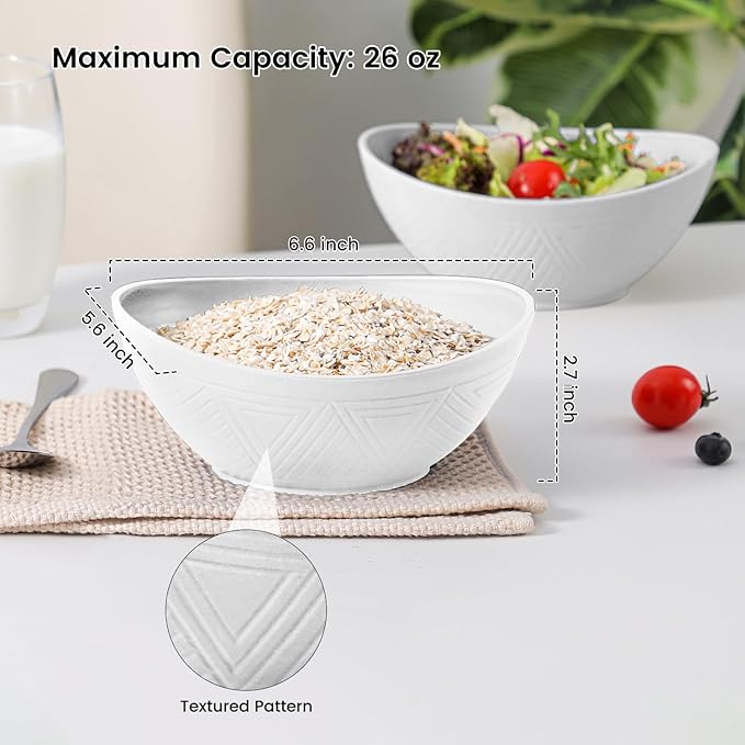 Wheat Straw Bowls Set of 4, Unbreakable Plastic Bowls Reusable, Microwave Safe Cereal Bowl for Camping, RV, Apartment, Party, Kitchen Bowl for Serving, Eating, Soup, Popcorn (26 OZ, White)