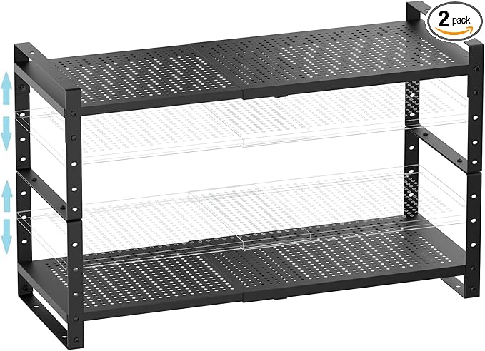 Expandable Spice Rack, Stackable Metal Pantry Storage Shelves Stand, Adjustable Height Cabinet Shelf Organizer Racks(2PACKS/BLACK,LARGE)