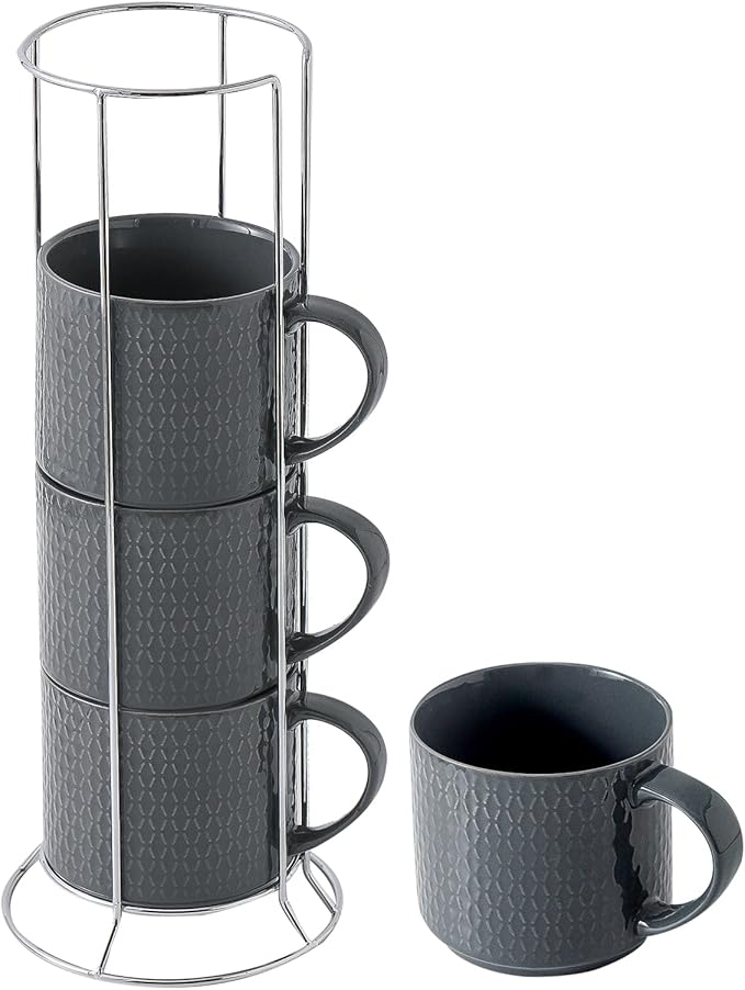 Hasense Coffee Mugs Set of 4 with Stand, 15 oz Porcelain Stackable Coffee Cups Set with handle for Tea, Latte, Milk and Cappuccino, Grey Embossed Tea Cups Set with Geometric Patterns for Men and Women