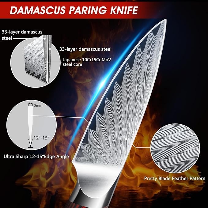 Paring Knife 3.75 Inch Small Kitchen Knife, Super Sharp Damascus Steel Fruit Knife, Multifunctional Peeling Knife for Cutting Fruit Vegetables