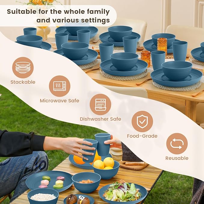 Homienly Wheat Straw Plates and Bowls Set, Premium Wheat Straw Dinnerware Sets- Dinner Plate, Dessert Plates, Cereal Bowls, Drinkig Glasses, Microwave and Dishwasher Safe Dish Set for Camping - Blue