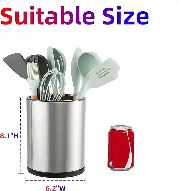 Kitchen Utensil Holder Extra Large 360°Rotating For Counter Organizer Stainless Steel Storage Cooking Silverware Caddy 3 Compartment Flatware Spoon Spatula Tool Cutlery Container(Silvery)