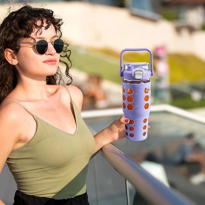 MUKOKO 32 oz Glass Tumbler with Straw,Glass Water Bottles with Time Marker,Iced Coffee Cup with Silicone Sleeve,Motivational Drinking Bottles,Leakproof-Purple