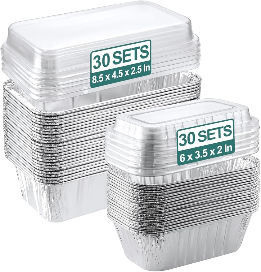 60 Pack Disposable Aluminum Loaf Pans with Lids Combo Set - 30 Pack 8.5x4.5x2.5 Foil Loaf Pans & 30 Pack 6x3.5x2 Mini Tin Foil Baking Pans Tin Trays Food Containers for Baking Cakes Bread Meat