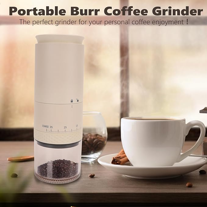 Portable Burr Coffee Grinder, Small Electric Coffee Bean Grinder with 38 Adjustable Settings, LCD Screen Mini Coffee Grinder with Clean Brush and USB for Travel and Camping (Beige)