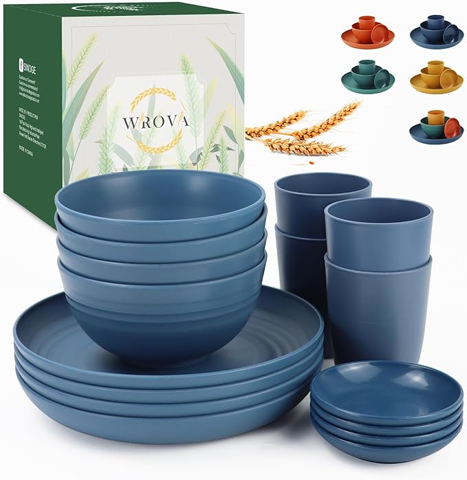 Wheat straw plates and bowls sets of 16 - Unbreakable wheat straw dinnerware sets for camping - Alternative plastic dinnerware set service for 4 - Microwave safe and Dishwasher safe bowls. Blue