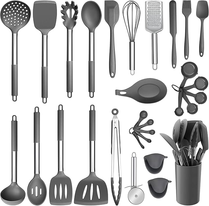 Silicone Kitchen Utensils Set, E-far 30-Piece Cooking Utensils Set with Holder, Heat Resistant Kitchen Spatulas Turner Tong Spoon Whisk Ladle for Nonstick Cookware, Stainless Steel Handle (Gray)