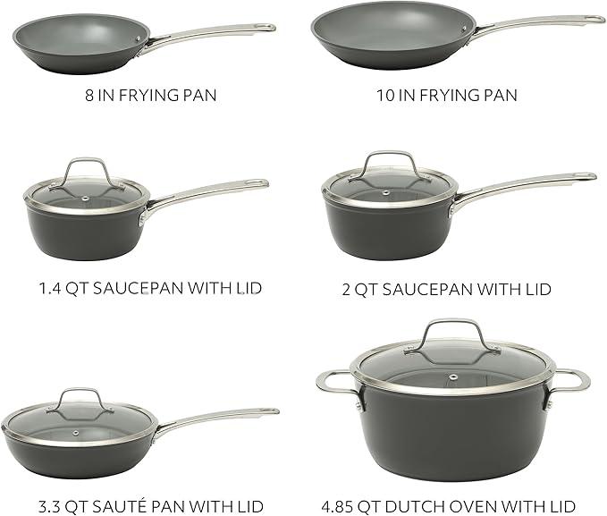 Sur La Table Kitchen Essentials Cool Commune Hard Anodized 10 Piece PFA Free Ceramic Non stick Interior Forged Durable Aluminum Pots and Pans Cookware Set - Black - Induction Compatible