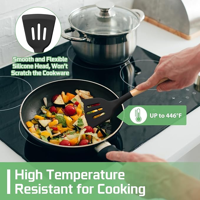 TeamFar Silicone Cooking Utensils Set of 6, Kitchen Utensils with Wooden Handles, Slotted Turner, Soup Ladle, Spoon for Non-stick Cookware, Heat-Proof, Non-Scratch, Black