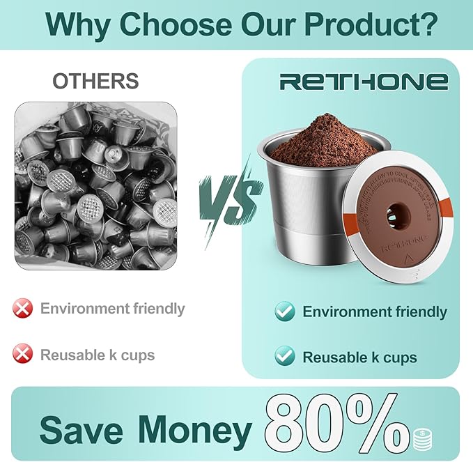 RETHONE K Cup Reusable Coffee Pods Compatible with Keurig 1.0 & 2.0 Coffee Machines, Stainless Steel Reusable K Cups Brewers Refillable K Cups (4 Pack)