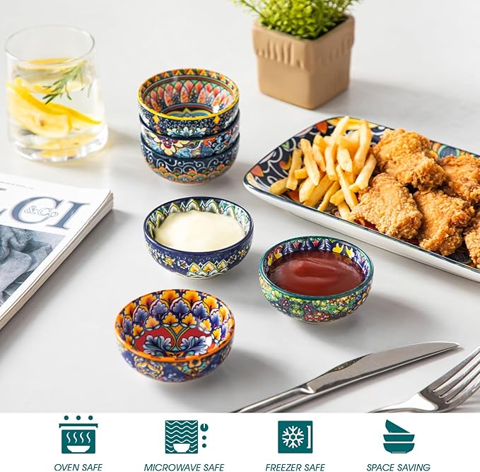 vancasso SIMI 2.7 Oz Ceramic Dipping Bowls Sets of 6, Bohemian Small Bowls for Sauce, 3 Inch Mini Appetizer Plates for Soy Sauce, Sushi, Condiments & Side Dishes, Microwave & Dishwasher Safe
