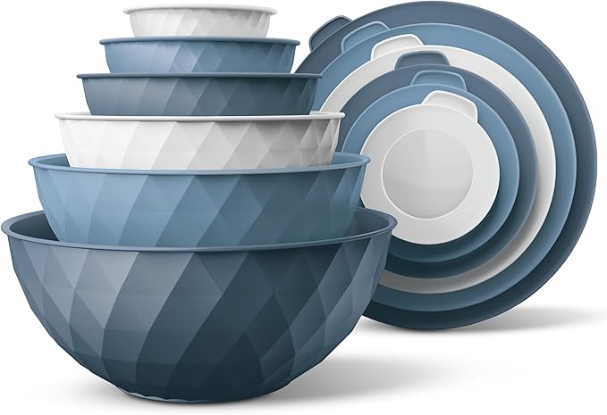 COOK WITH COLOR Mixing Bowls with Lids - 12 Piece Plastic Nesting Bowls Set includes 6 Prep Bowls and 6 Lids, Diamond Design - Microwave Safe (Mint)