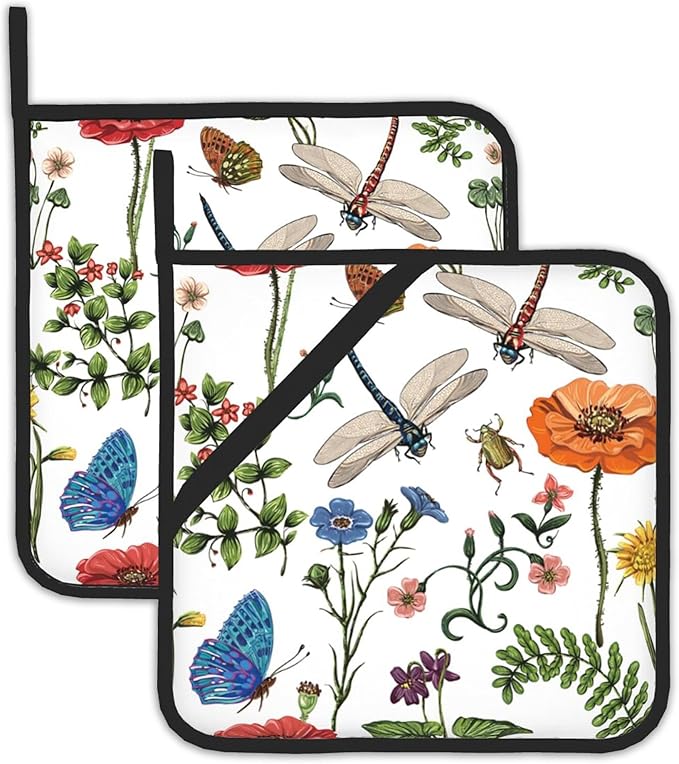Dragonfly Butterfly Botanical Pot Holders Set of 2, Kitchen Heat Resistant Potholder for Microwave Cooking Baking Oven End Dishes and BBQ