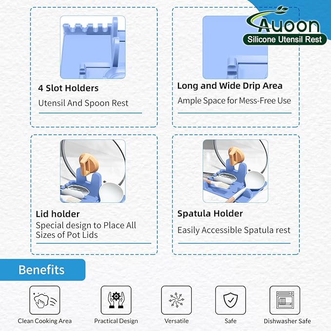 AUOON Spoon Holder for Stove - Silicone Spoon and Lid Rest with Drip Pad Kitchen Utensil Rest for Spoons, Ladles, Spatulas, Tongs & More (Blue Velvet, Large)
