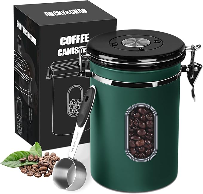 ROCKY&CHAO Airtight Coffee Canister with Date Tracker & Transparent Window, 22OZ Large Tea Coffee Canisters, Coffee Storage Canister, Coffee Container with 30ml Measure Spoon and 4 Co2 Valve(Green)
