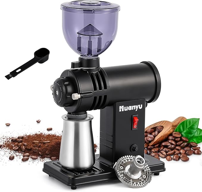 Huanyu Electric Coffee Grinder Stainless Steel Ghost Teeth Burr Coffee Grinders for Home Use with Light-Shielding Hopper for Pour over Black