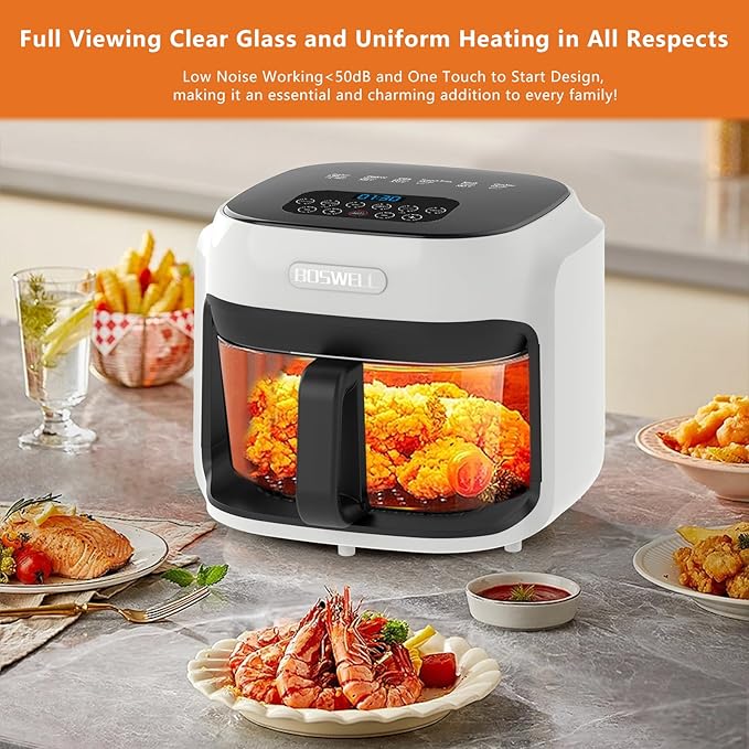 BOSWELL Glass Air Fryer, 7.5QT with Transparent Fry Bowl, Circulating Heating, Temperature Control, Stainless Steel Air Fryer Roast, Dishwasher Safe (white)