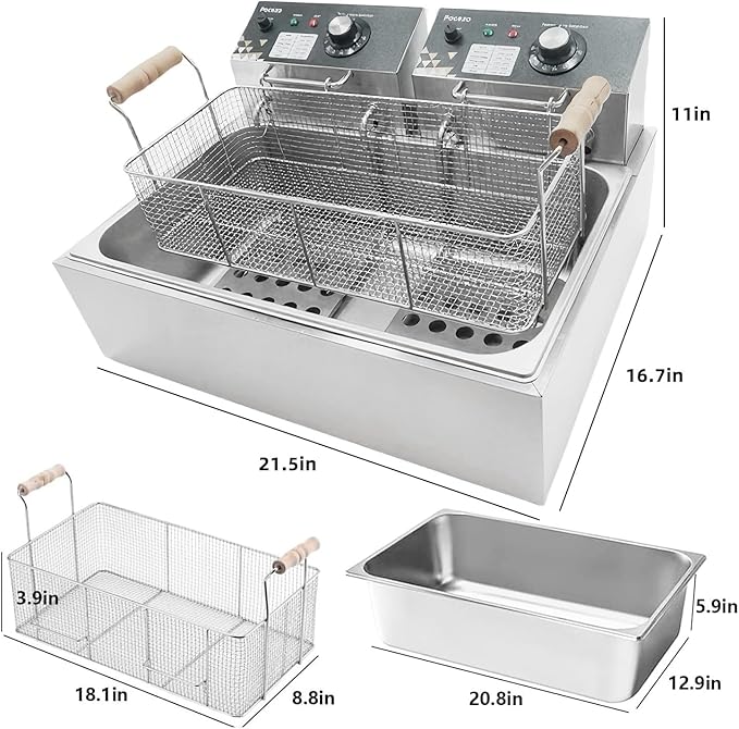 Deep Fryer with Basket, 22.6L/24QT Stainless Steel Countertop Electric Fryer for Home and Commercial Use, Oil Fryer with Temperature Control and Double Overheat Protection