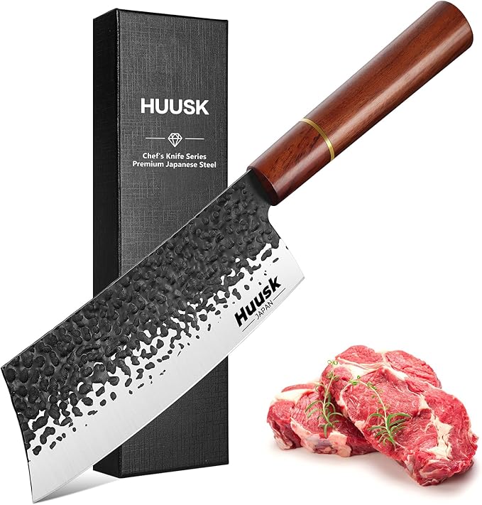 Huusk Japanese Cleaver Knife for Meat Cutting, 6.7 inch Hand Forged Chef Knife High Carbon Steel Sharp Kitchen Knife for Chopping Vegetable, Gift for Dad