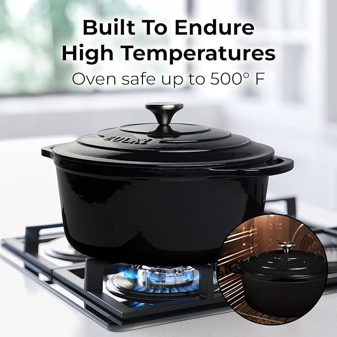 Zulay Kitchen 5 Quart Enameled Cast Iron Dutch Oven with Lid,Silicone Trivet & Heat Pad – Premium Durability & Oven Safe up to 500°F – Heavy Duty Cookware Perfect for Bread Baking, Stews, Braising & Roasting – Black