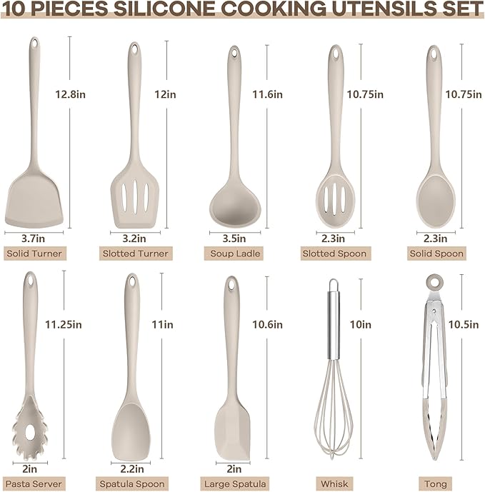 TeamFar Kitchen Cooking Utensils, 10 pcs Silicone Cooking Utensils Set, 446°F Heat Resistant Kitchen Gadgets Tools Set w/Spatula, Turners, Spoons, Soup Ladle, Pasta Server for Nonstick Cookware, Khaki