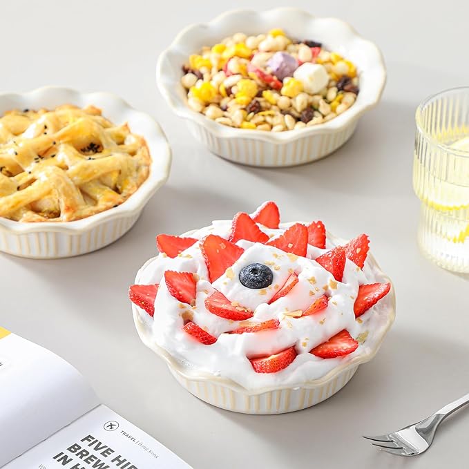 vancasso Mini Pie Pans Set of 6, 5.2 Inch Ceramic Deep Dish Pie Plates with Ruffled Edge for Baking, Microwave & Oven Safe, White