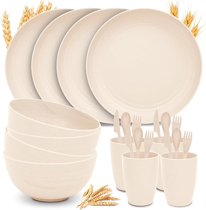 Wheat Straw Dinnerware Sets for 4 - GreenChoice Lightweight & Unbreakable Dishes Microwave & Dishwasher Safe Perfect for Camping, Picnic, RV, Dorm Plates, Cups and Bowls (Beige)