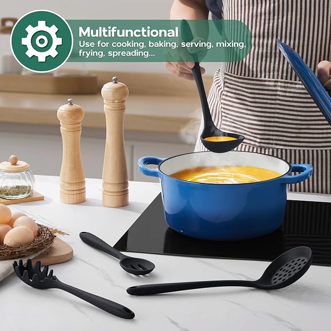 Cooking Utensils Set of 6, Onader Black Silicone Kitchen Cooking Utensils Set for Nonstick Cookware, Non Toxic & Dishwasher Safe