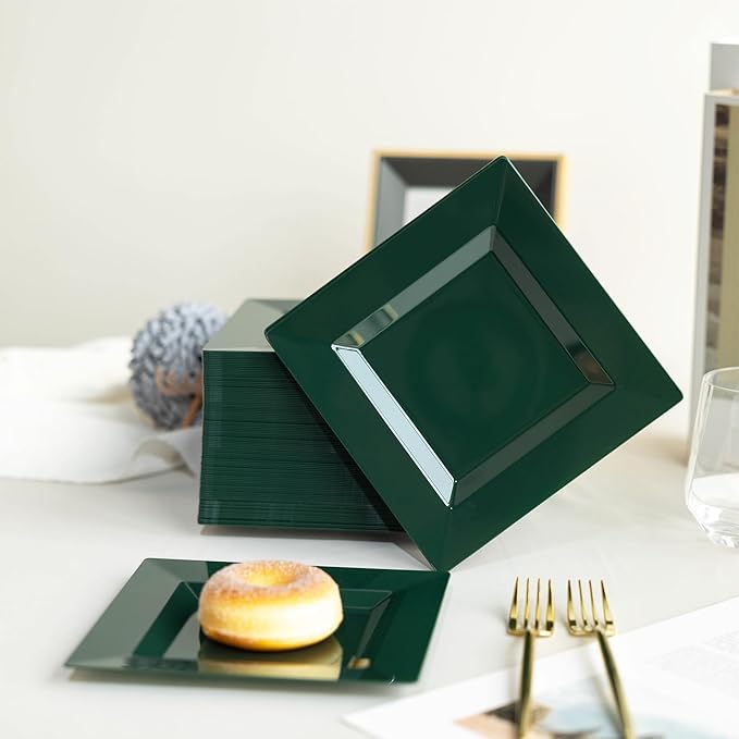 100 Pack Green Plastic Square Dessert Plates, 6.5" Disposable Salad Plates Heavy Duty Plates for Party, Wedding, Christmas, Easter