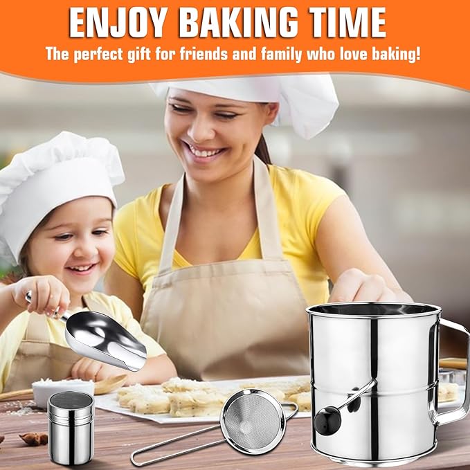 Flour Sifter,5 Cup Stainless Steel Flour Sifters,4 in 1 Baking Sifter Set with Powder Sugar Shaker Duster,Strainers Fine Mesh and Metal Scoop for Baking Cake,Pastries,Pies,Cupcakes,Desserts