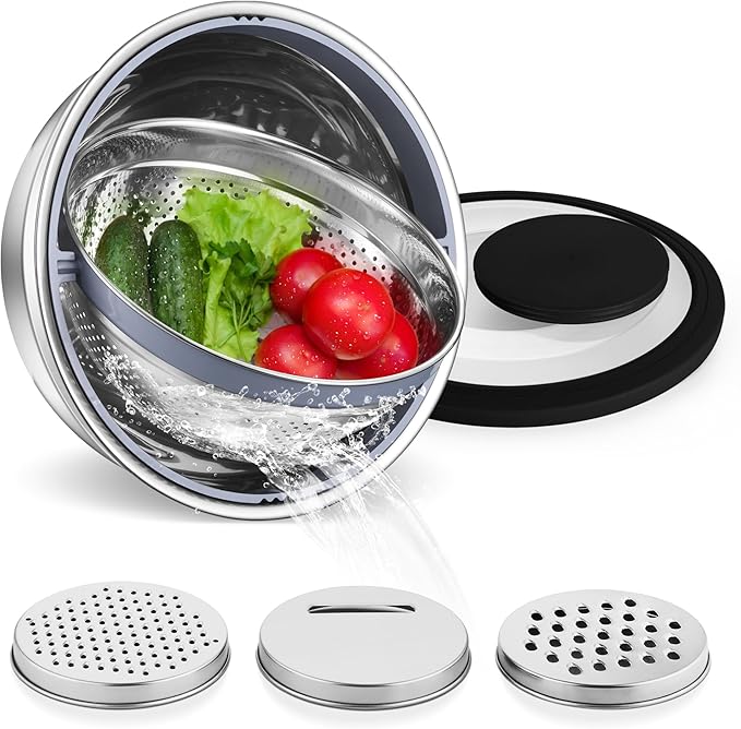 E-far Colander with Mixing Bowl Set, 4-1 Stainless Steel Colander Strainers Bowl with Graters for Kitchen, Rotatable Food Strainer Bowl for Rinsing Fruits Vegetables/Draining Pasta - Black