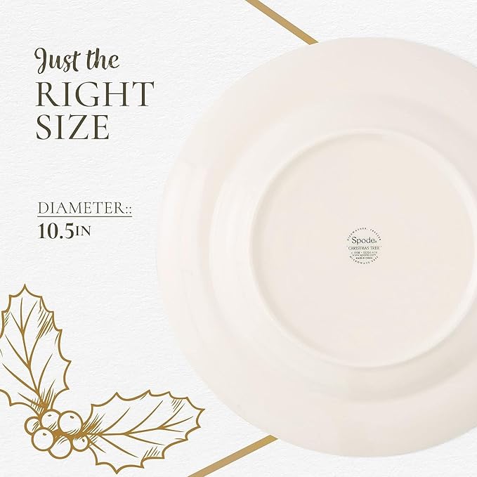 Spode Christmas Tree 10.5" Dinner Plate (Set of 4) - Festive Holiday Stoneware Plate with Christmas Tree & Green Borders, Microwave, Dishwasher, Freezer, Oven Safe - Collectible Holiday Tableware