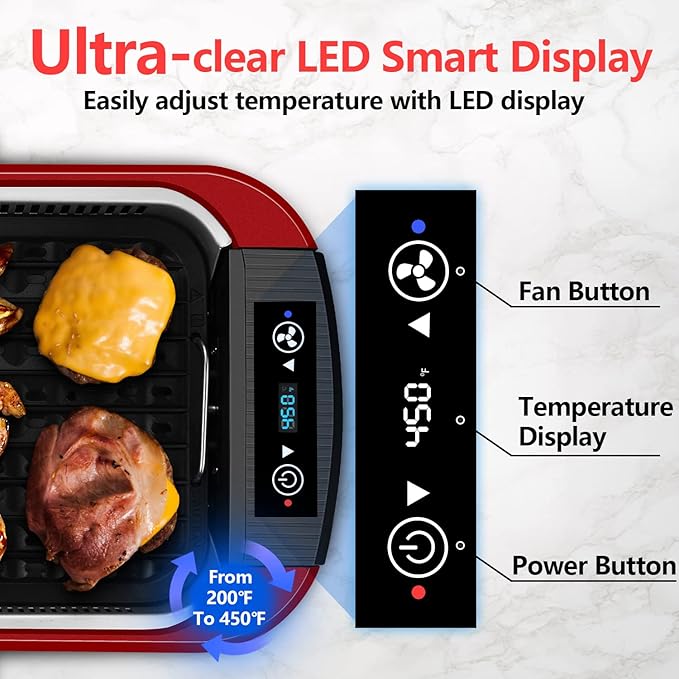CUSIMAX Smokeless Indoor Grill, Electric Grill Griddle, 1500W Korean BBQ Grill with LED Smart Display & Tempered Glass Lid, Non-stick Removable Plate & Griddle Plate, Red