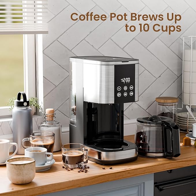 Kismile 10-Cup Drip Coffee Maker with LED Display & Touch Screen, 24H Timer, Dry Boil Protection, Programmable, 1.5L Water Tank, for Home & Office(Black)