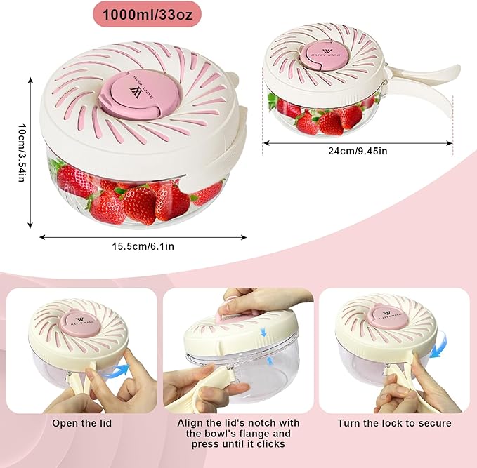 Fruit Washing Bowl with Strainer, Fruit Strainer container with Lid, Portable Fruit Colander with Collapsible Handle, 3 in 1 Fruit Fridge Container Salad Stir Fruit Cleaning Drainer for Kitchen