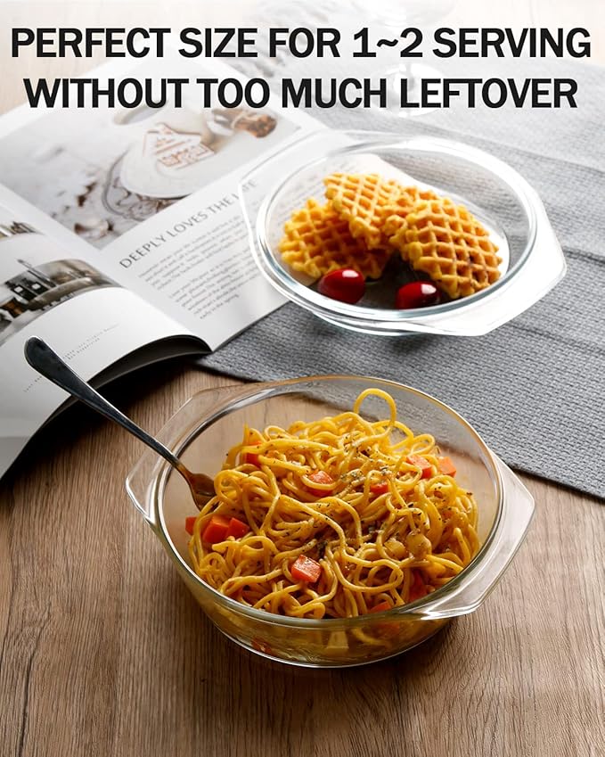 ZYER Round Glass Casserole With Glass Lid Covered Glass Bakeware Ovenware Easy Grab Glass Microwave Bowls with Glass Lid (1L)