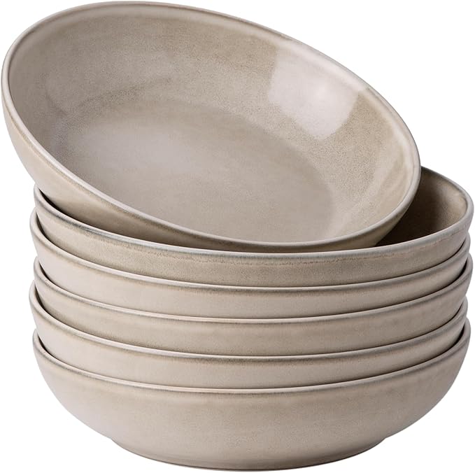 AmorArc 8.5'' Large Pasta Bowls, 36oz Ceramic Salad Serving Bowls Set of 6 for Kitchen, Wide Stoneware Bowls for Pasta,Salad,Fruit,Bread, Microwave Safe, Cappuccino