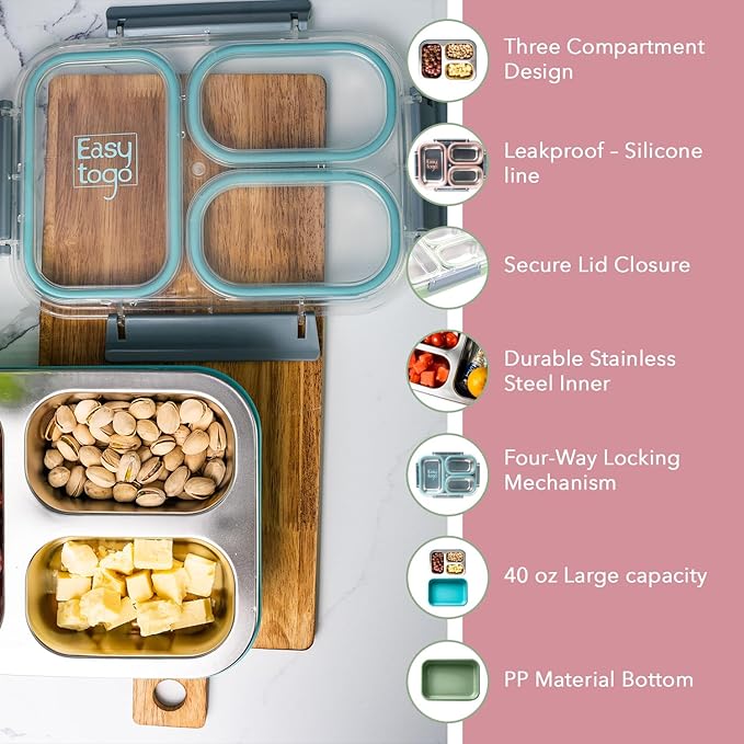 3 Compartment Stainless Steel Large Bento Box, 40oz Meal Prep Container with Reusable Snack Container, Large Lunch Box for Adults with Lids, Green Lunchbox