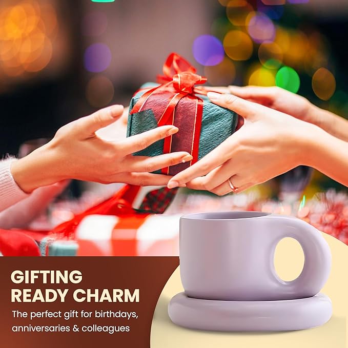 10oz Nordic Ceramic Coffee and Tea Mug – Cute Cup and Saucer Perfect for Coffee Lovers Gifts and Kitchen Essentials (Purple)