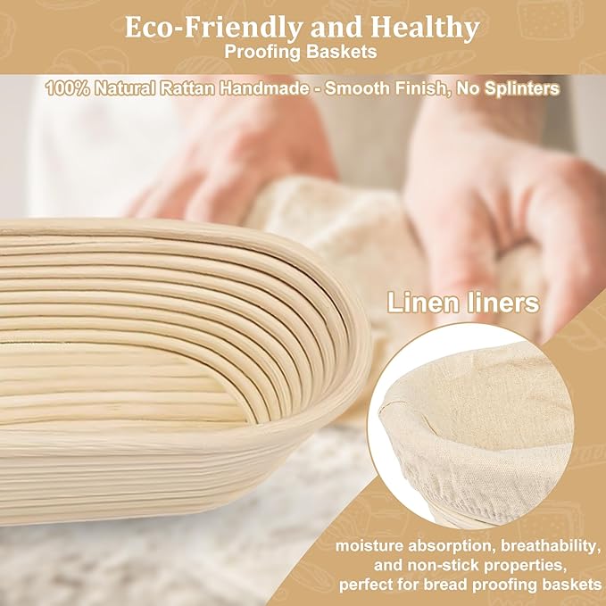 Banneton Bread Proofing Basket,Sourdough Proofing Basket Set of 2, 10 inch Round and 9.6 Oval with Bread Making Tools, Sourdough Bread Baking Supplies, Natural Rattan Proofing Bowls Baskets