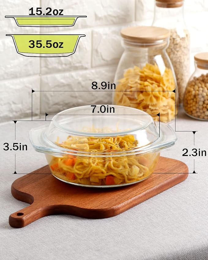 ZYER Round Glass Casserole With Glass Lid Covered Glass Bakeware Ovenware Easy Grab Glass Microwave Bowls with Glass Lid (1L)