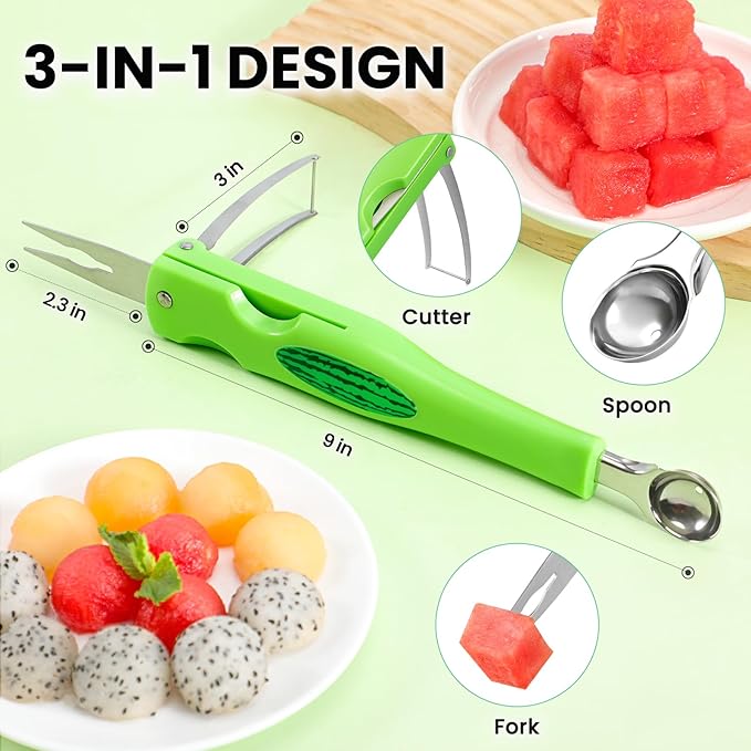 Premium Watermelon Cutter - 3 in 1 Watermelon Cutter Slicer Tool - Foldable Watermelon Slicer - Fruit Cutter for Kitchen Gadgets - Stainless Steel Watermelon Knife - Melon Baller Scoop