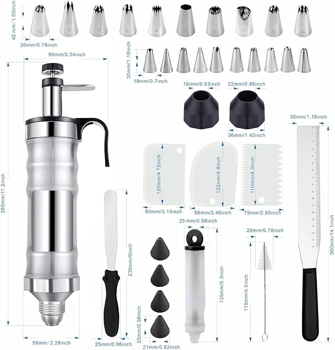 34 Piece Stainless Steel Dessert Decorating Syringe Set, 54 Piping Tips for Cake, Cupcakes, Pastries, Professional Baking Decor Tools